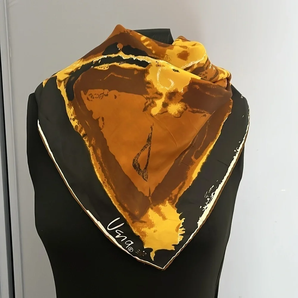 Vintage Vera Neumann Silk Blend Scarf Abstract Kaleidoscope Brown Gold Square